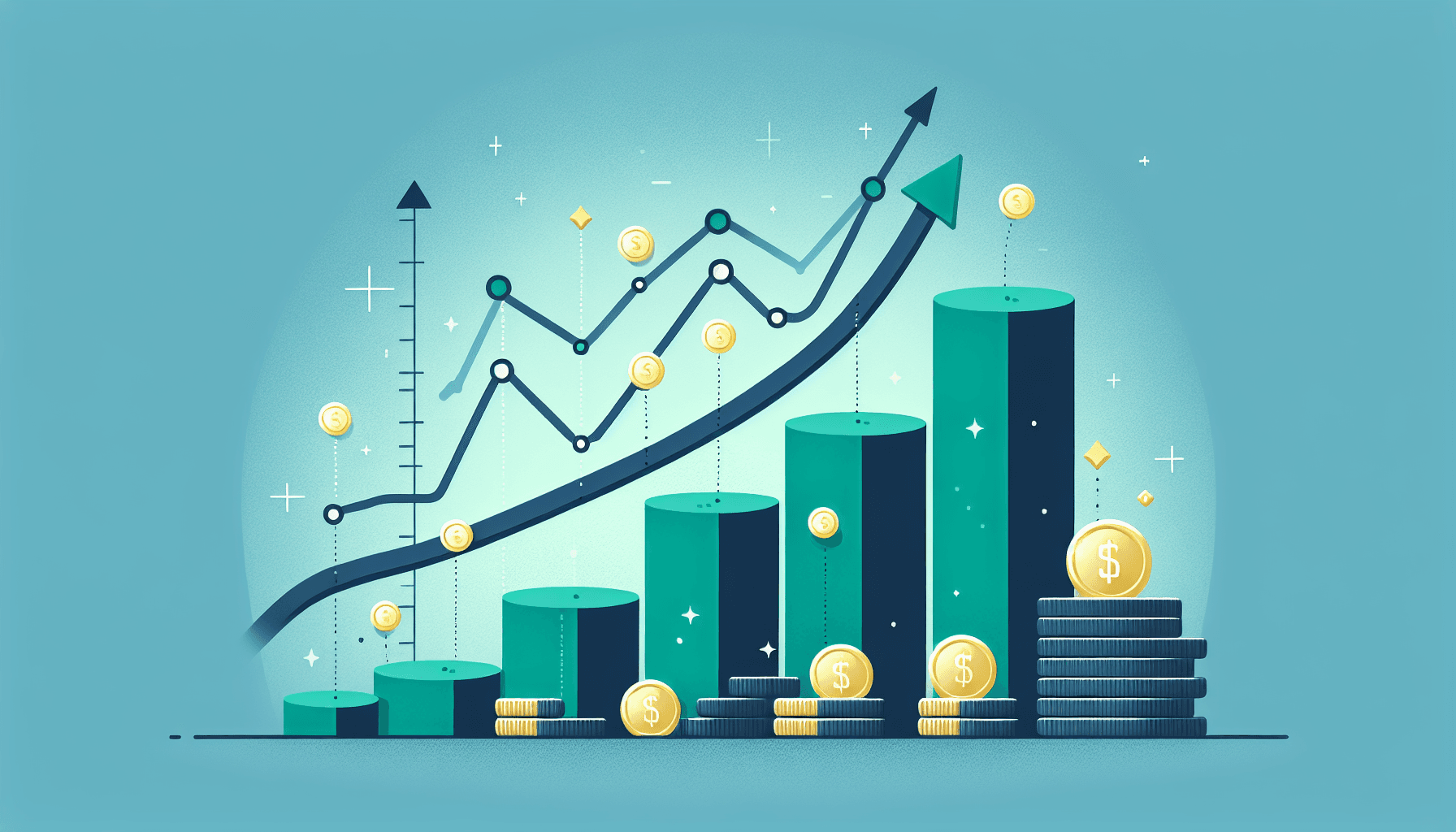Illustration of investment growth charts, rising bars, and stacked coins