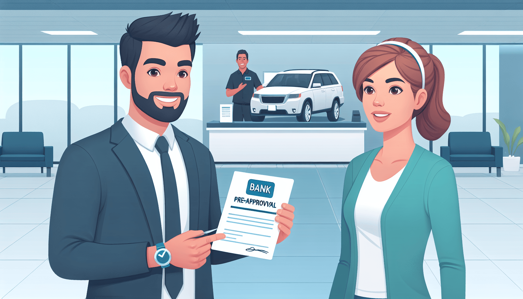 Person at a car dealership confidently holding a bank pre-approval letter