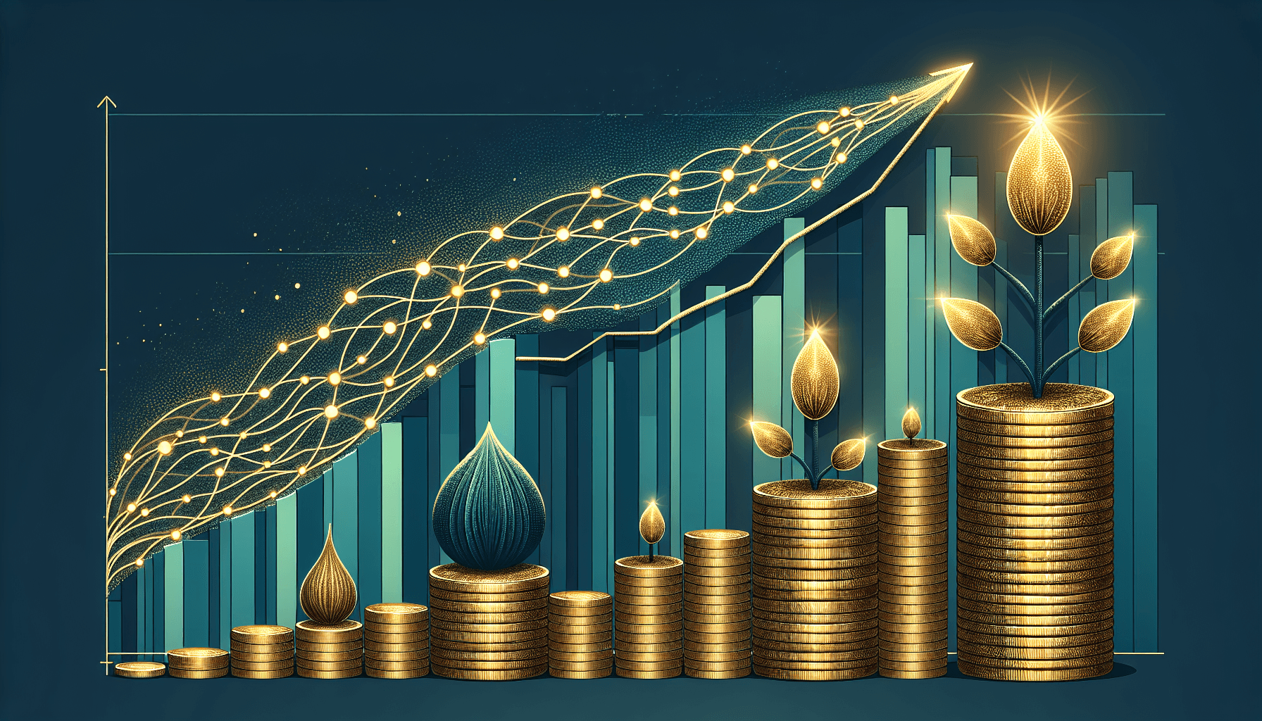 A small seed growing into a large tree made of golden coins