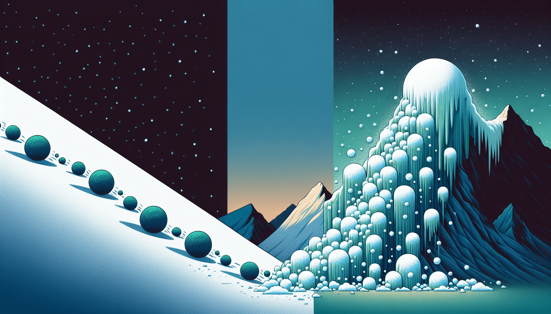 Split scene of a snowball rolling vs an avalanche melting debt from the top